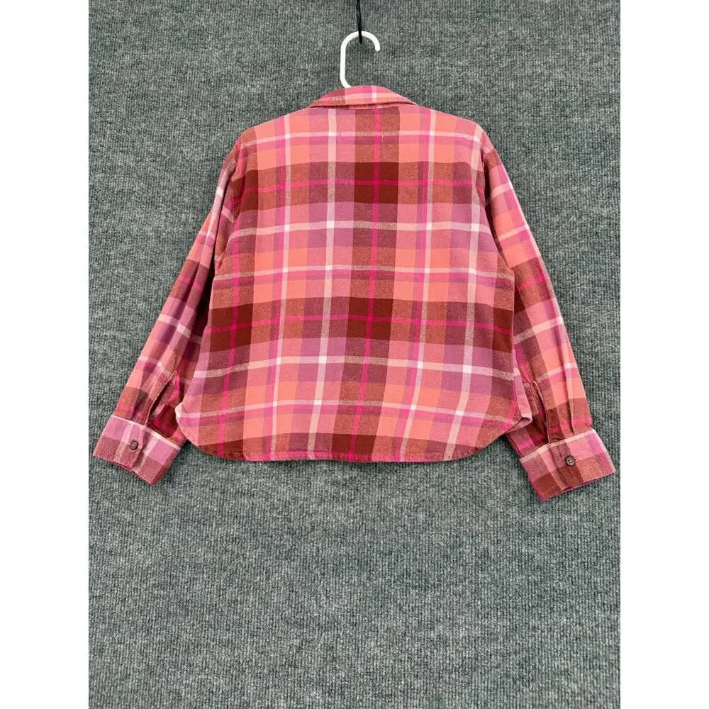 Old Navy Girls Plaid Flannel Button Up Shirt Size 6/7 Pink Cropped Boxy Cotton